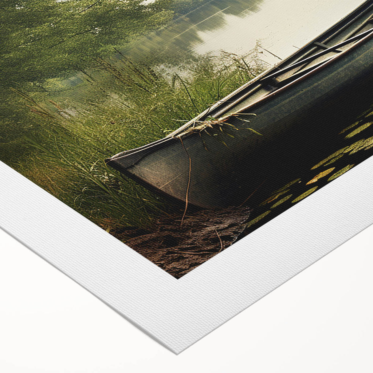 Art deco poster featuring a rowboat on calm waters, in muted blues and grays, on rolled canvas.