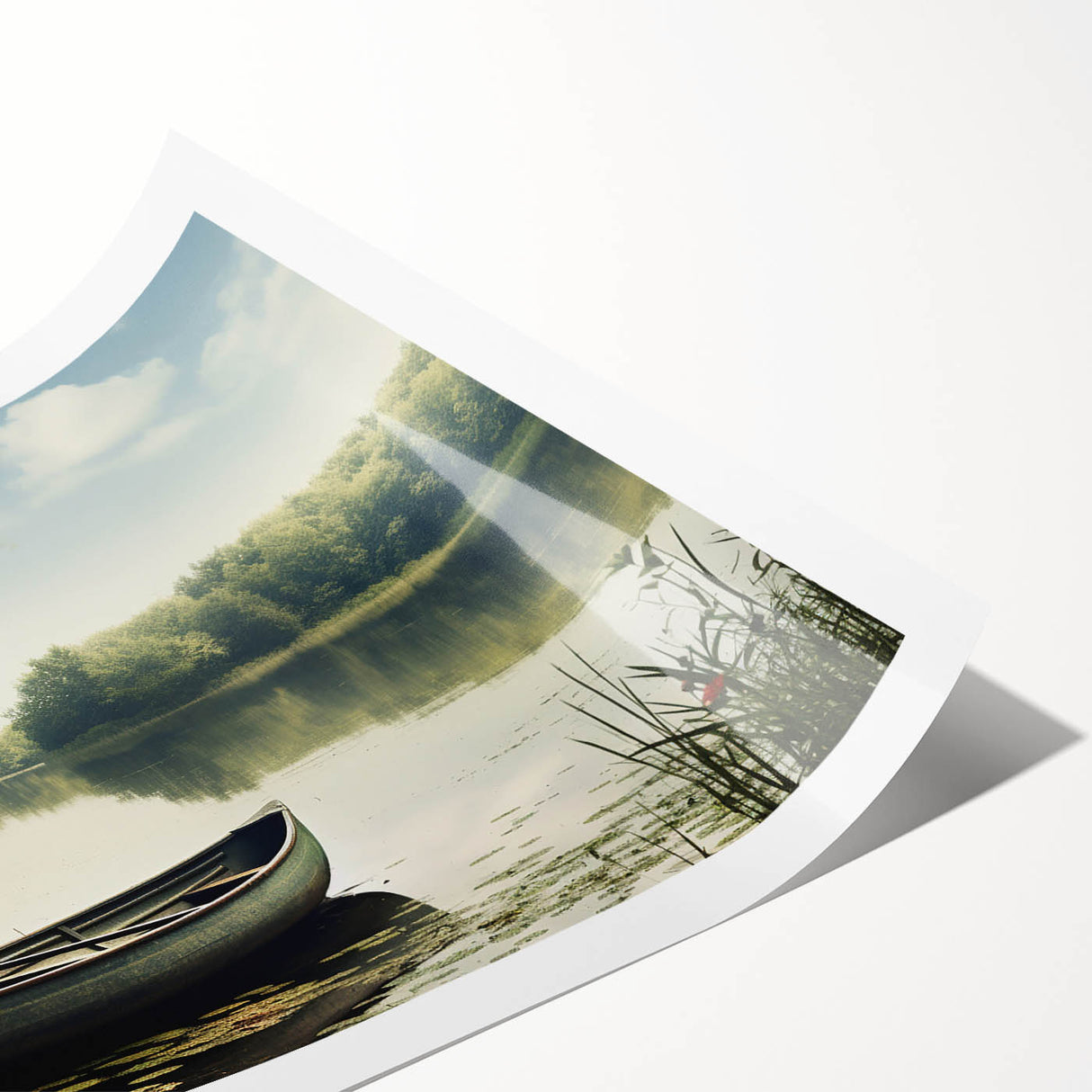 Extra large wall art featuring a rowboat on water, in muted blues and grays, printed on rolled canvas.