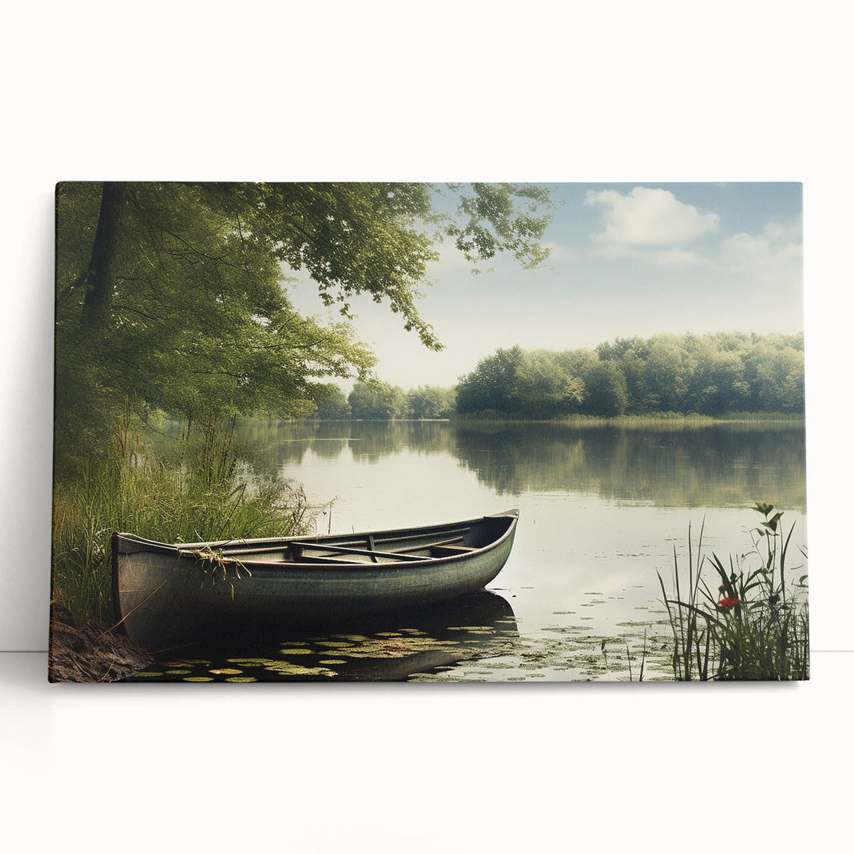 Black and white photo of a rowboat on water, printed on large stretched canvas.