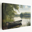 Side view of a rowboat on a stretched canvas with muted blue and gray tones, suitable for kitchen wall art.