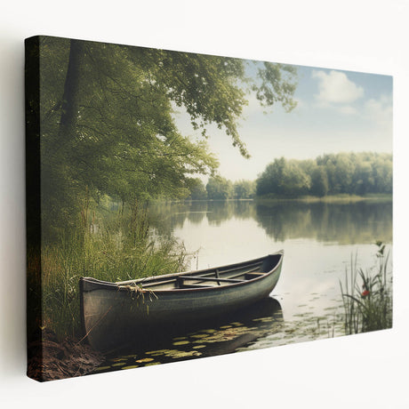 Side view of a rowboat on a stretched canvas with muted blue and gray tones, suitable for kitchen wall art.