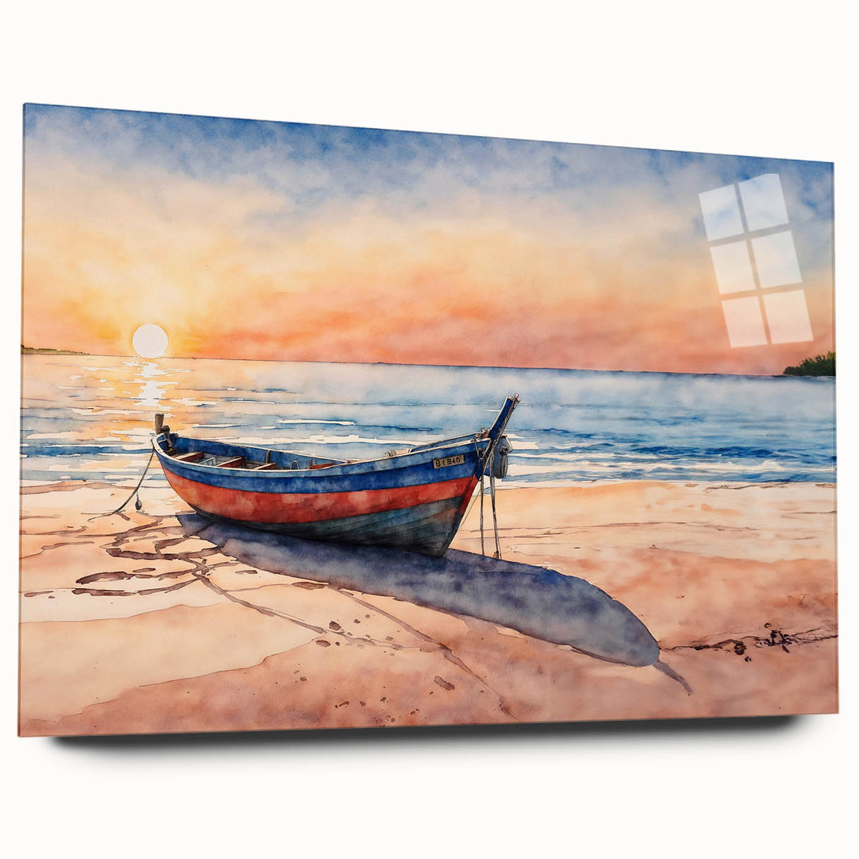 Acrylic print of a side-view rowboat in muted blue and gray tones, suitable for bedroom or dining room decor.
