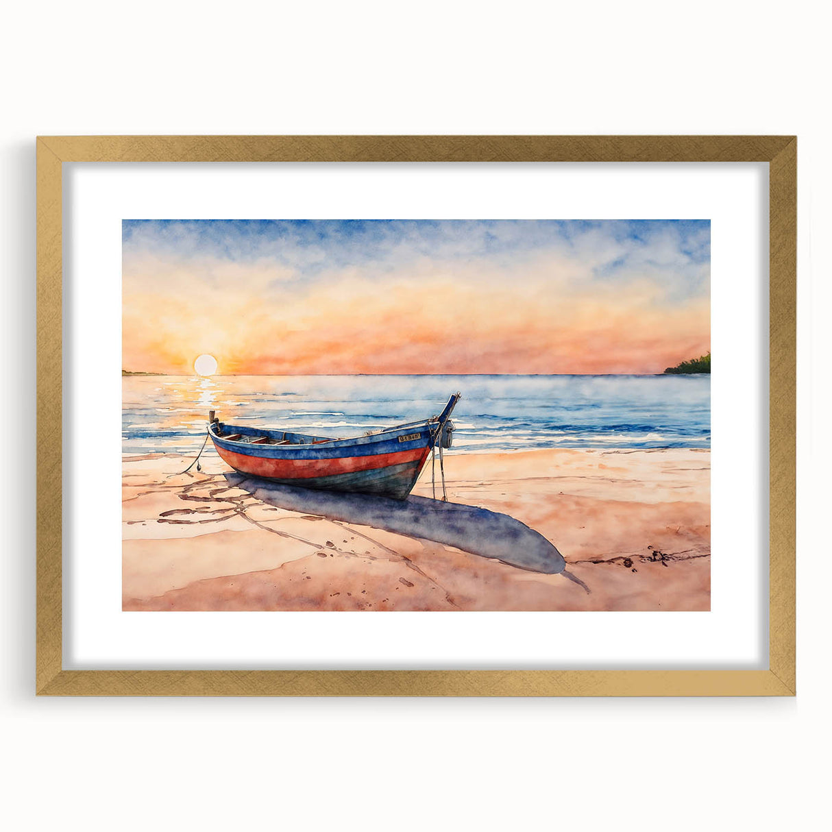 Abstract art print of a rowboat in muted earth tones on textured canvas, framed in gold, suitable for bedroom decor.