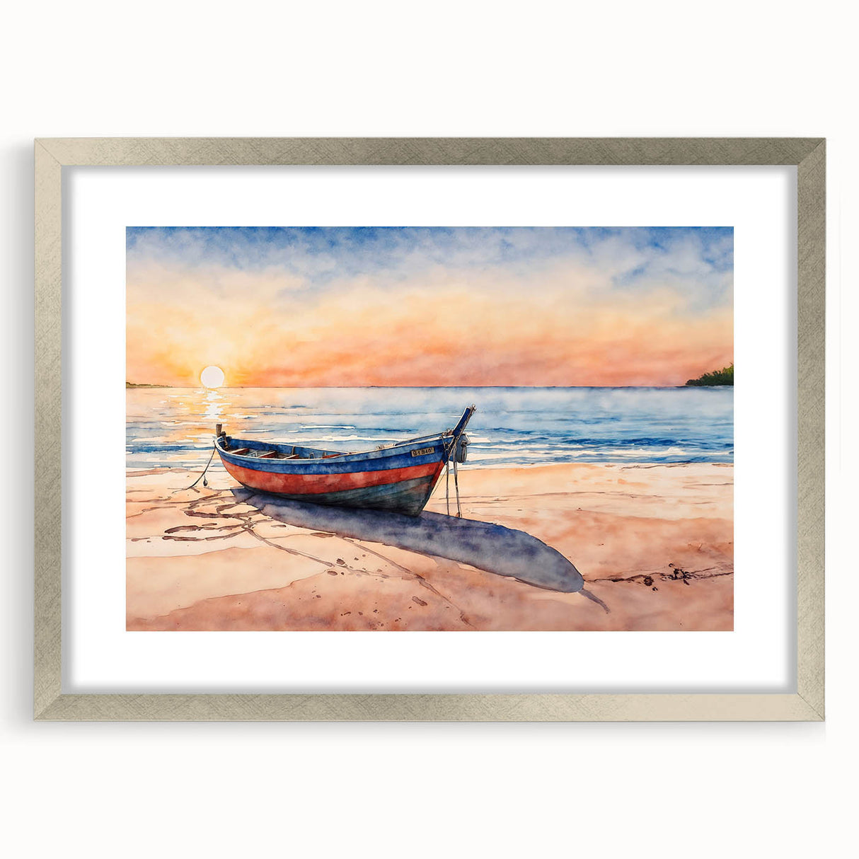 Abstract art print of a rowboat in muted blue and gray tones on a framed canvas, suitable for bedroom or dining room decor.