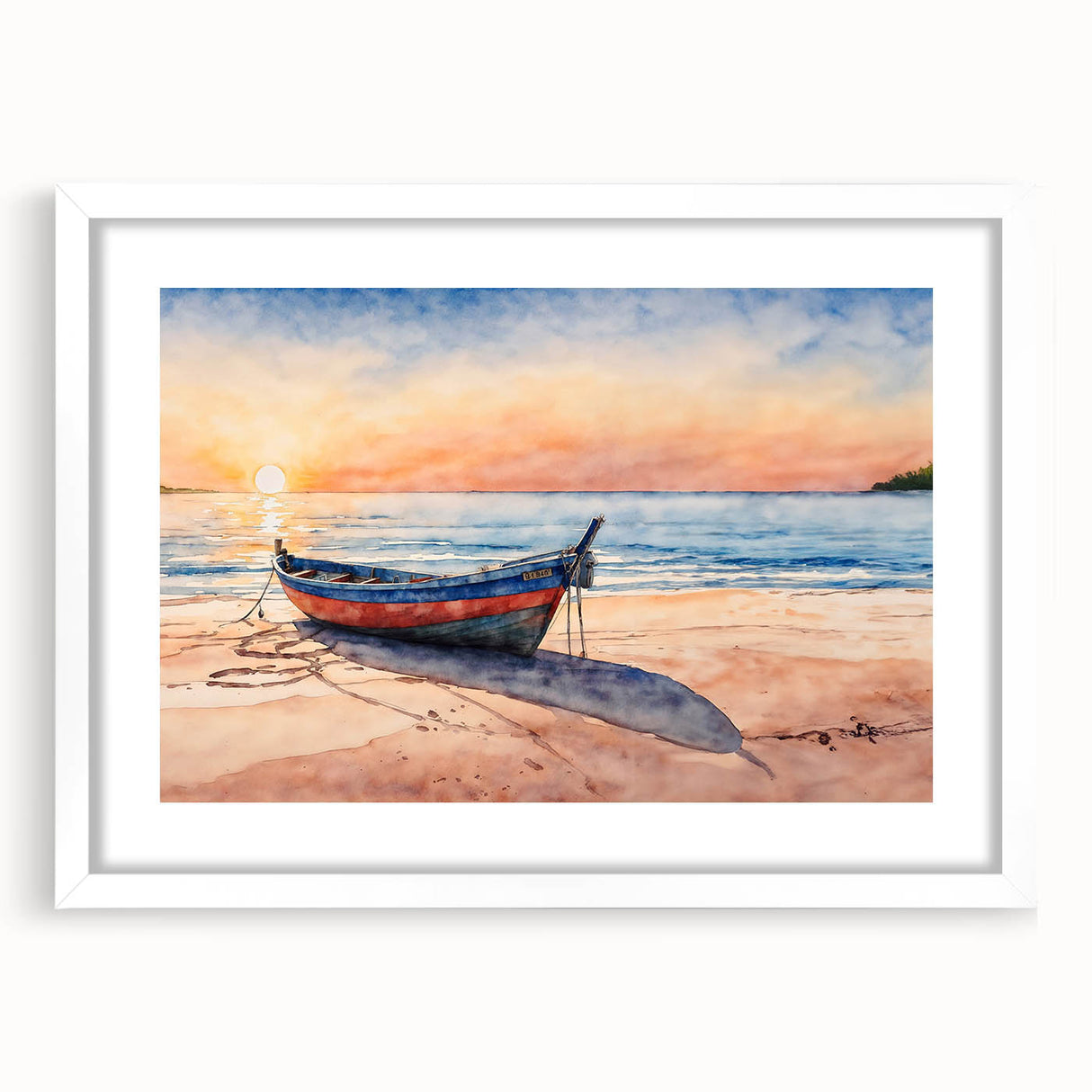 Extra large abstract art print featuring a rowboat, textured in muted blue and gray tones on a white framed canvas.