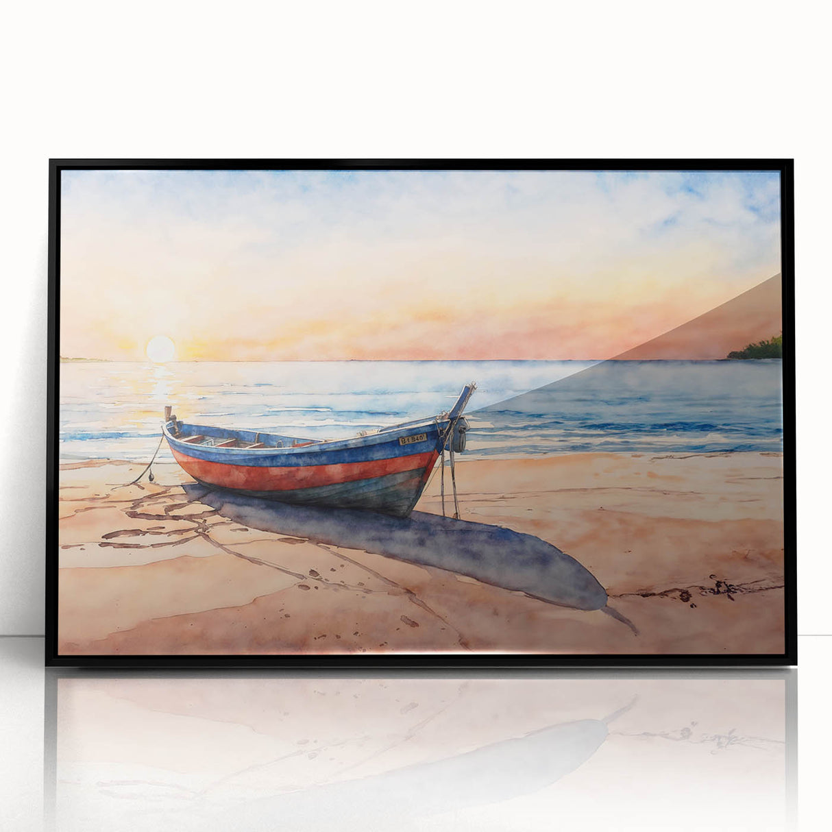 Large abstract wall art of a rowboat in muted gray tones, framed in black acrylic, suitable for modern art wall decor.