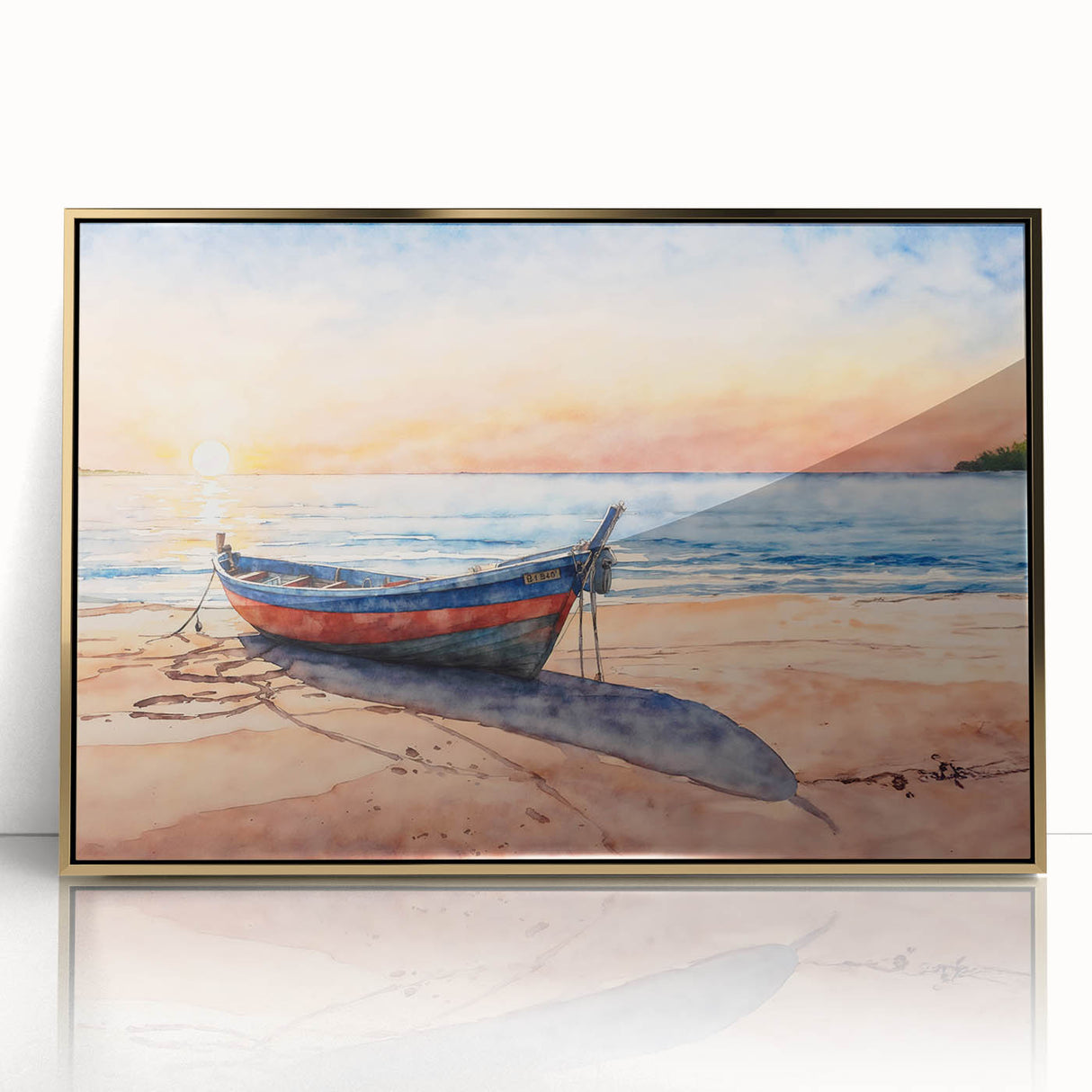 Mid-century modernist art of a rowboat in subdued blue and white tones on a framed acrylic, ideal for nursery wall decor.