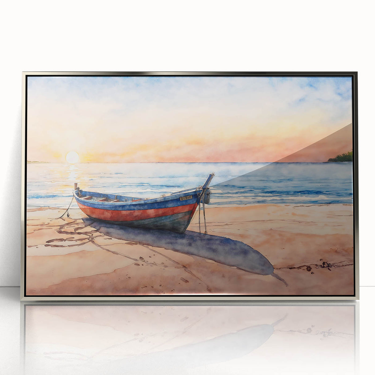 Art deco style poster of a silver rowboat on calm waters, framed acrylic print, suited for modern nursery decor.