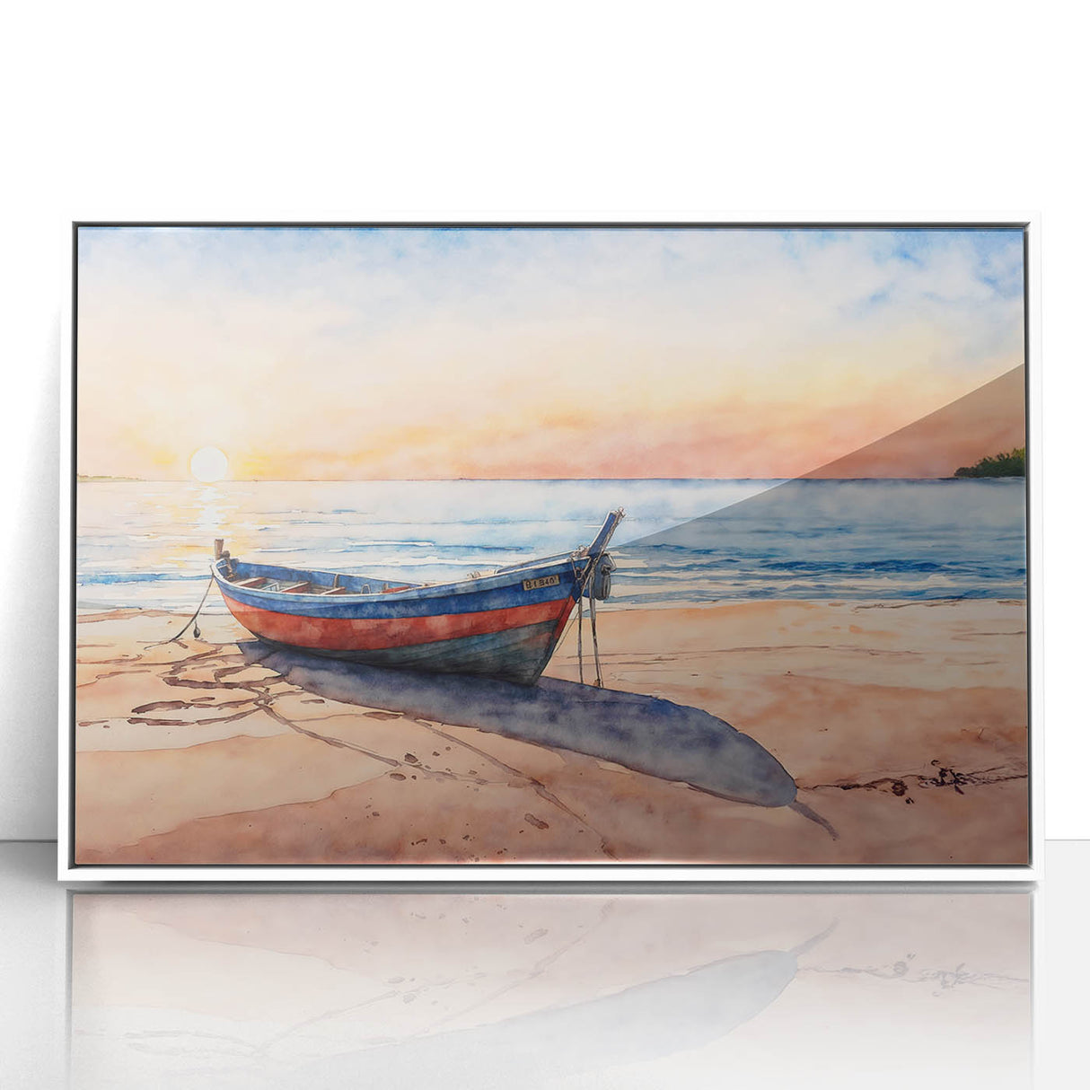 Acrylic print of a mid-century modernist rowboat, in muted gray and blue, ideal for nursery wall art.