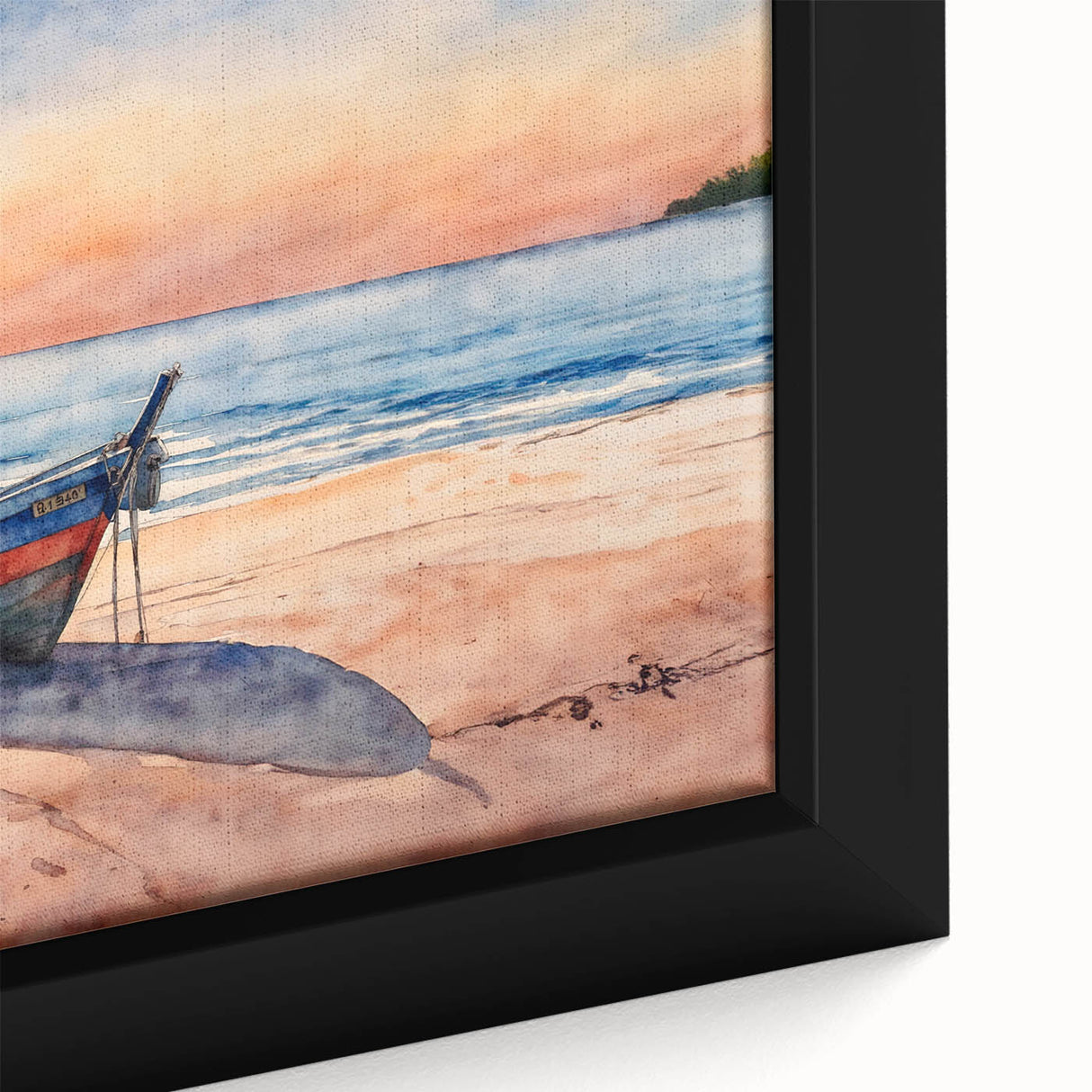 Extra large framed canvas featuring a close-up of a black rowboat with textured, colorful art accents.