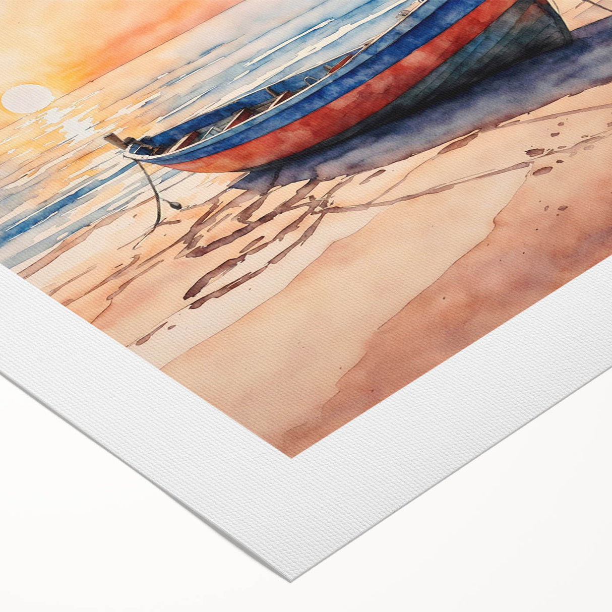 Art deco poster featuring a rowboat on calm waters, rendered in soft blue and gray tones on rolled canvas.