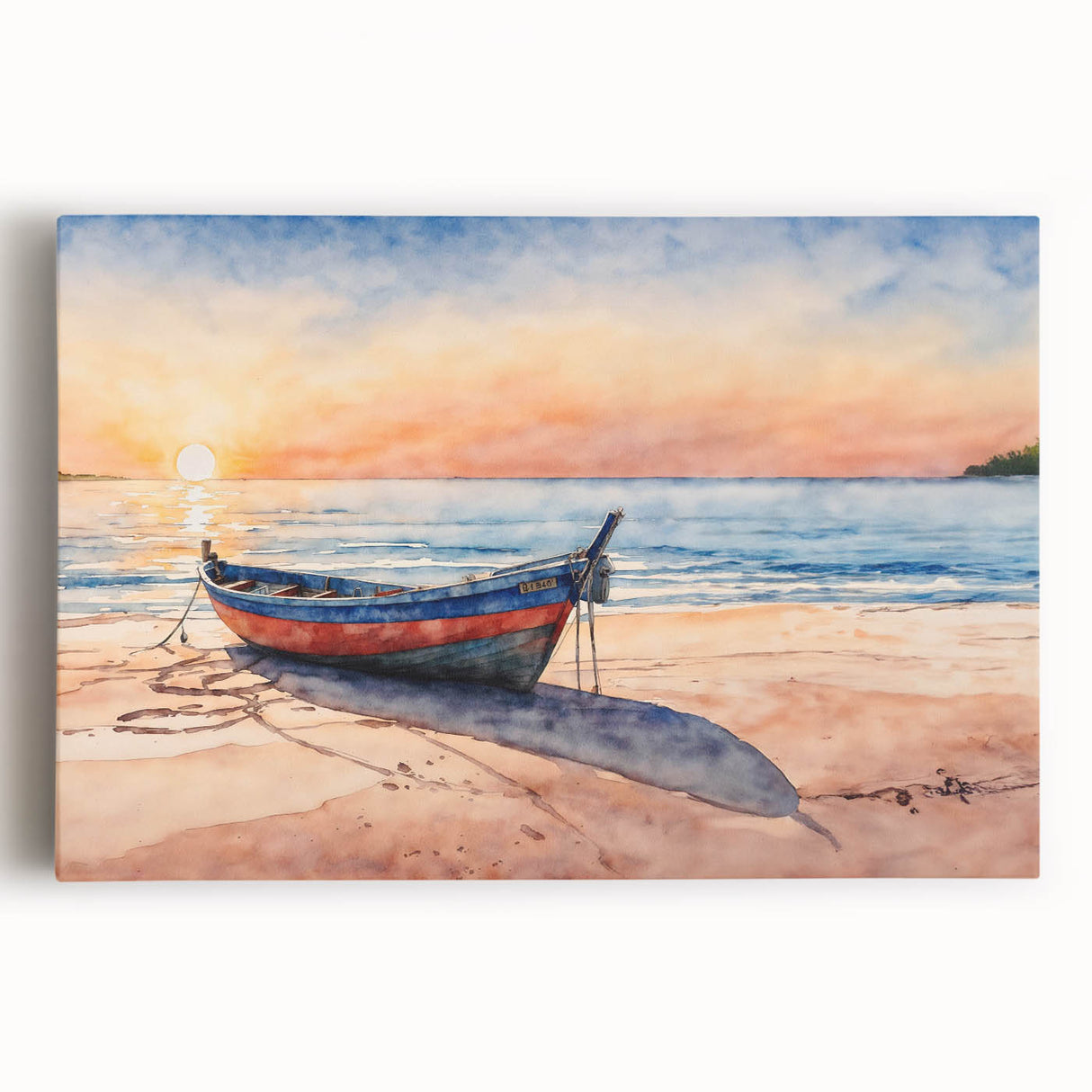 Black and white photograph of a rowboat on water, printed on large stretched canvas, suitable for kitchen wall art.