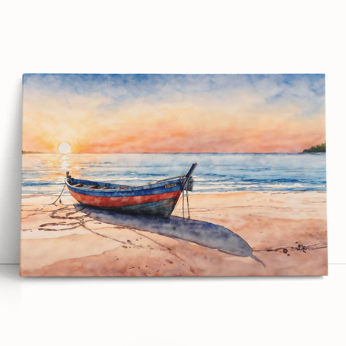 Black and white photo of a rowboat on water, printed on large stretched canvas.