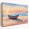 Rowboat on calm water, depicted in soft blue and gray tones on a large stretched canvas, suitable for kitchen wall art.