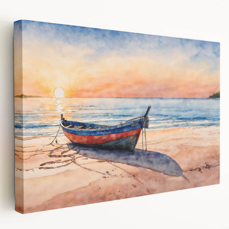 Rowboat on calm water, depicted in soft blue and gray tones on a large stretched canvas, suitable for kitchen wall art.