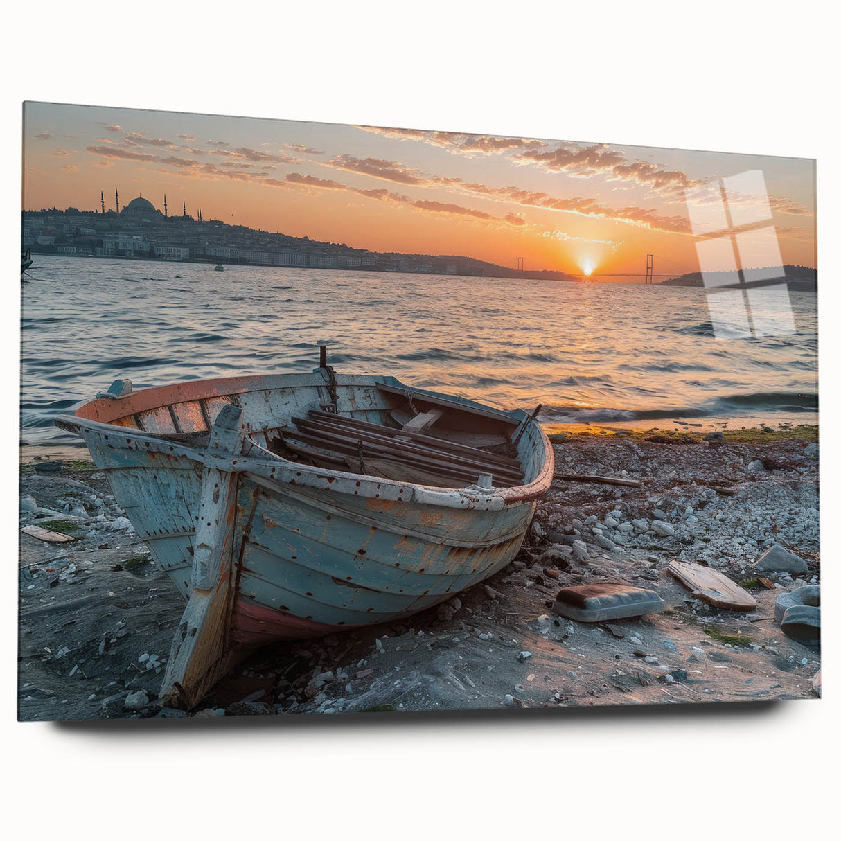 Side view of a rowboat on acrylic glass, in muted blue and white tones, ideal for bedroom or dining room art.