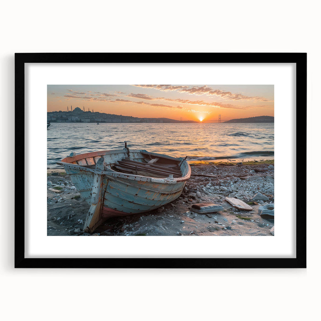 Abstract art print of a colorful rowboat, textured appearance on a large black-framed canvas, suitable for living room decor.