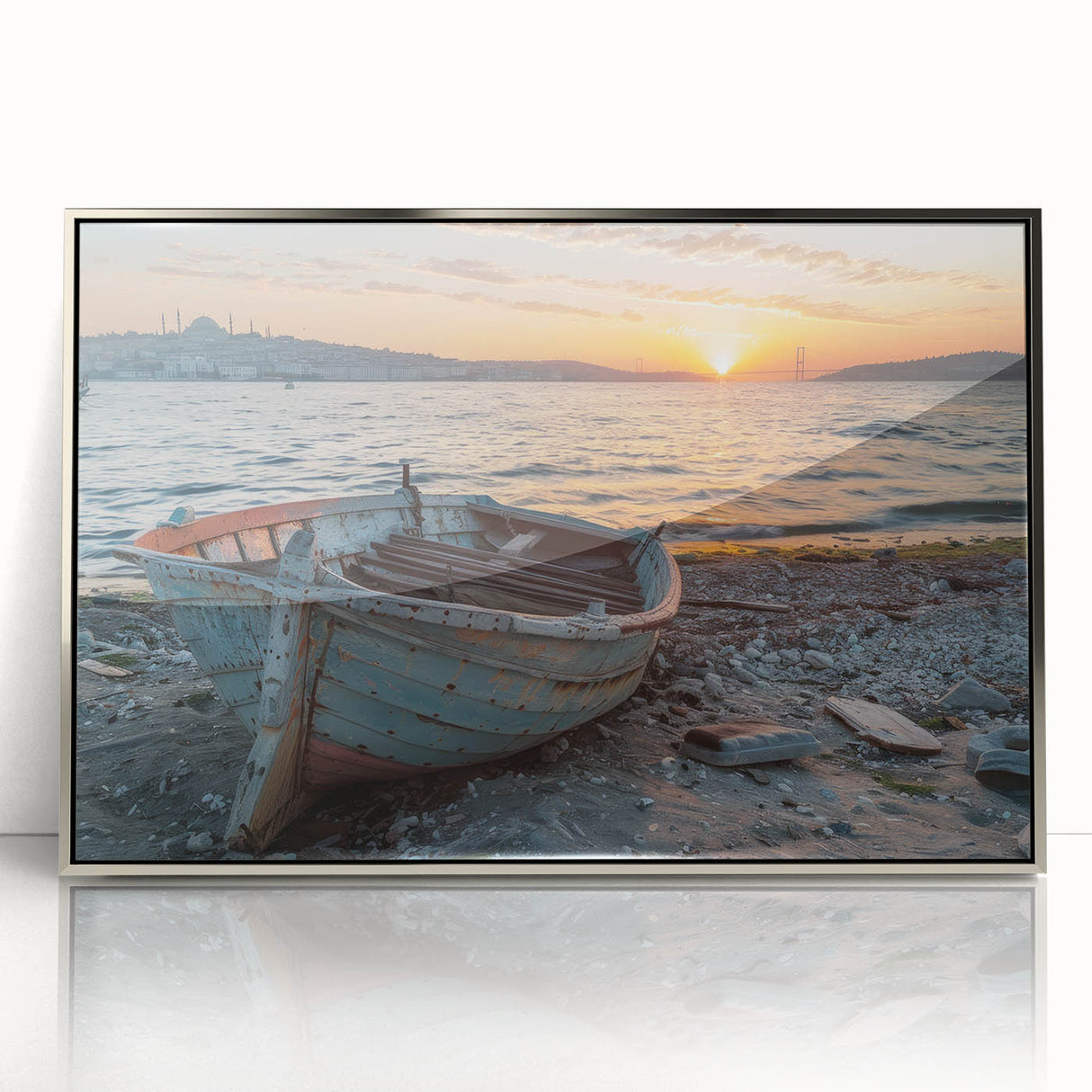 Art deco poster of a silver rowboat on acrylic, in soft gray tones, ideal for modern nursery wall art.