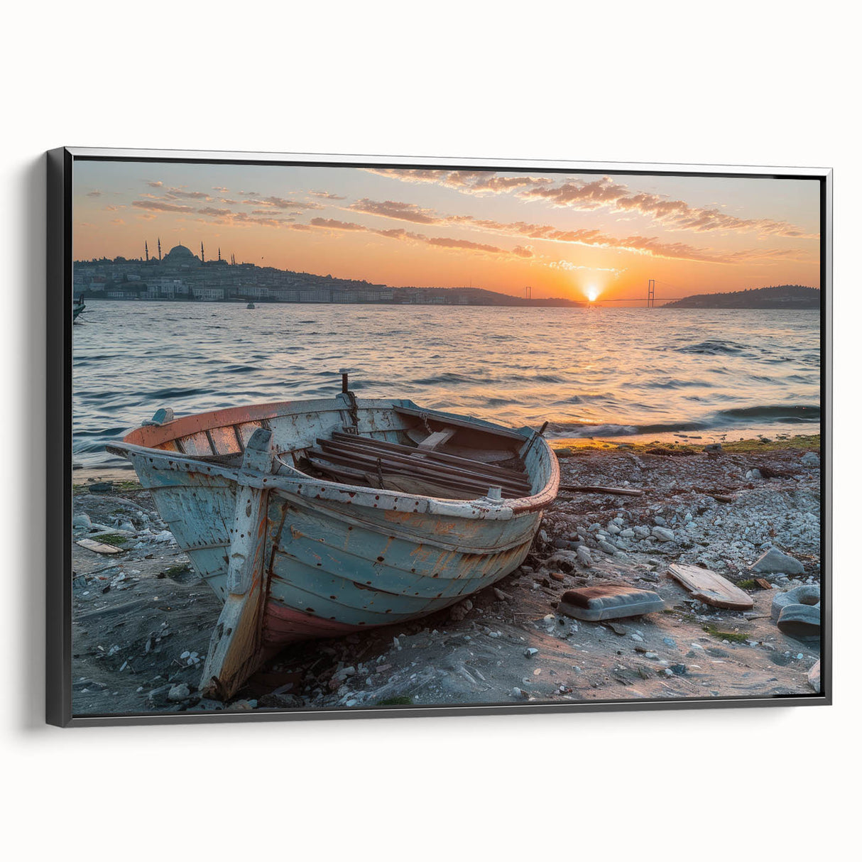 Black and white framed canvas featuring a vintage side-view image of a rowboat, ideal for bedroom wall decor.