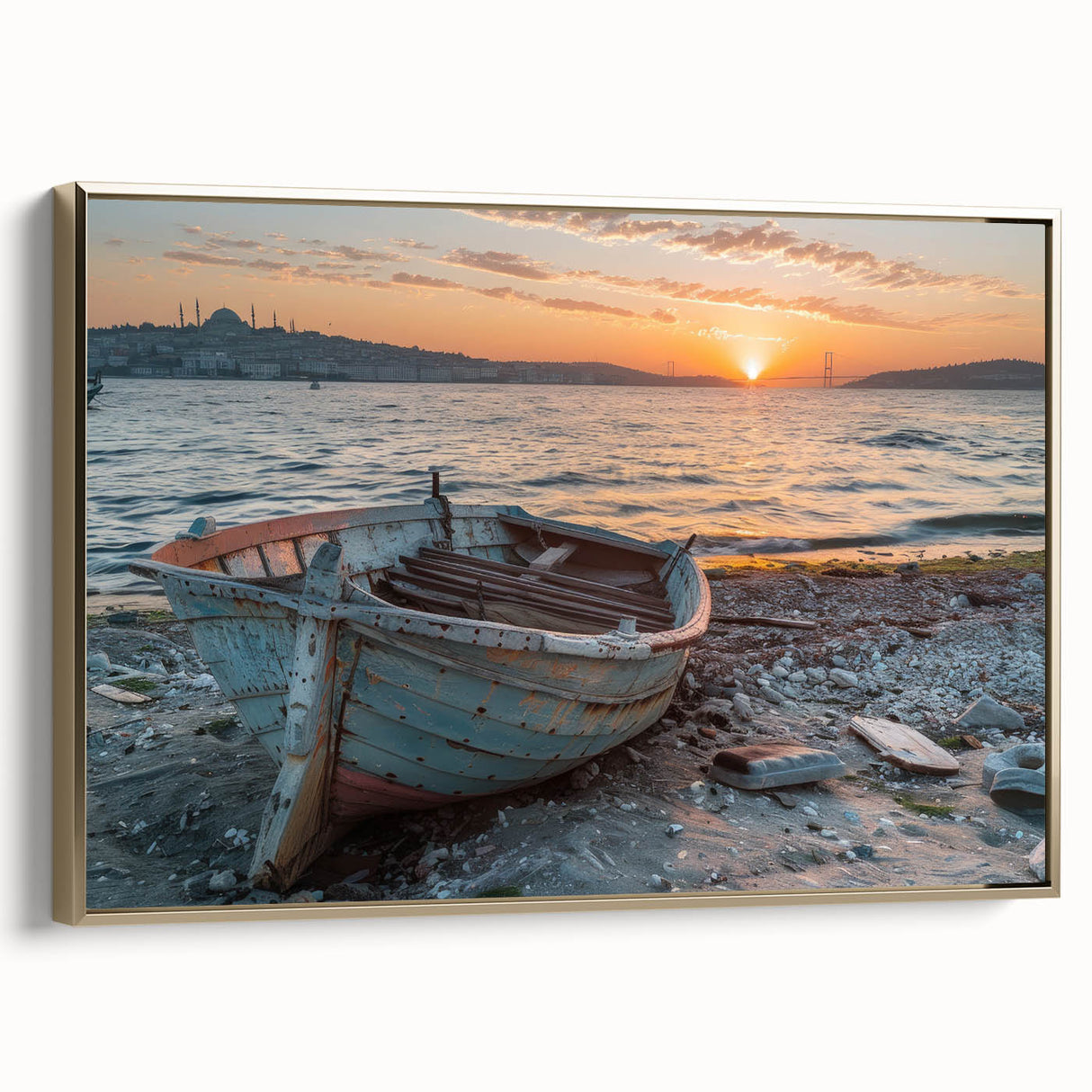 Framed canvas featuring a vintage-style landscape painting of a rowboat on a lake, in muted earth tones.