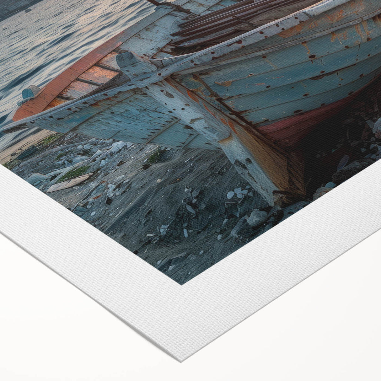 Art deco poster of a rowboat on calm waters, in muted blue and gray tones, on rolled canvas, ideal for dining room wall art.