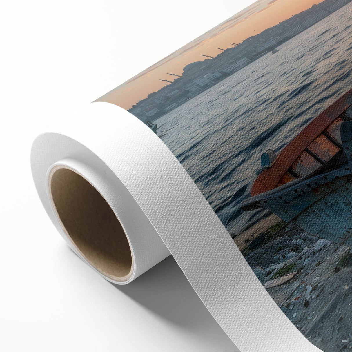 Art deco style poster of a rowboat on calm waters, rendered in soft blue and gray tones on rolled canvas.