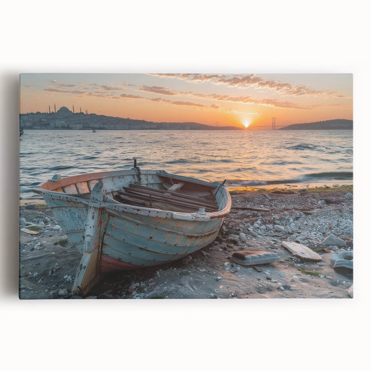 Black and white photograph of a rowboat on calm water, printed on large stretched canvas, ideal for kitchen wall art.
