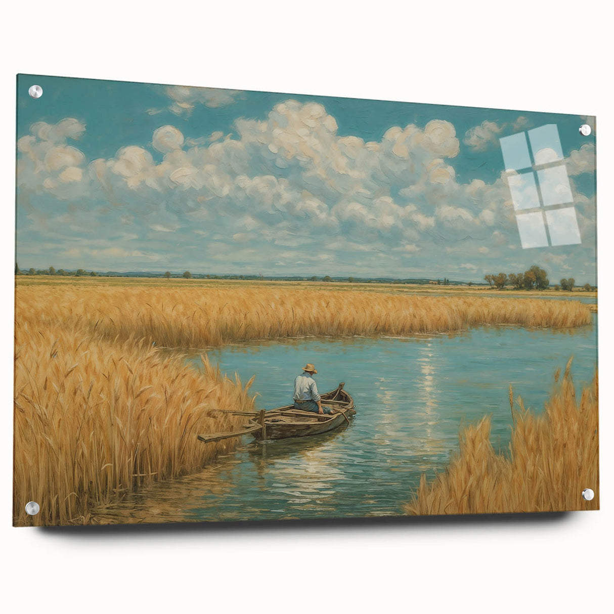 Side view of a rowboat on acrylic glass, in muted earth tones, suitable for bedroom or dining room decor.