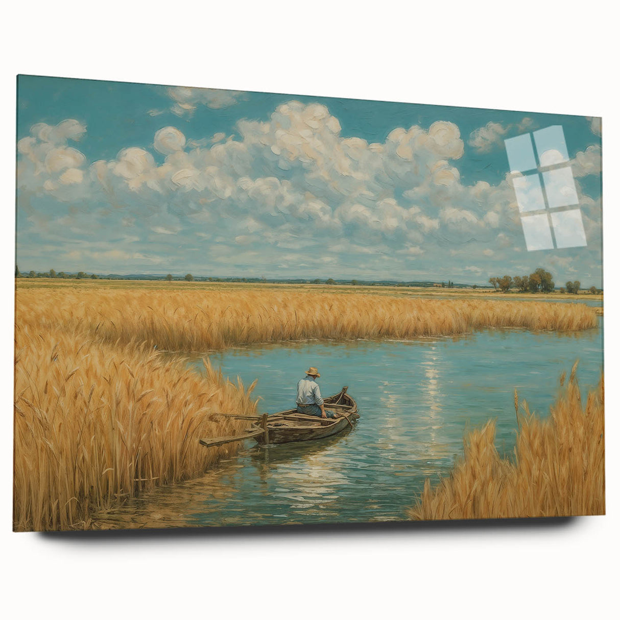Acrylic print of a side-view rowboat in muted earth tones, suitable as bedroom or dining room art.