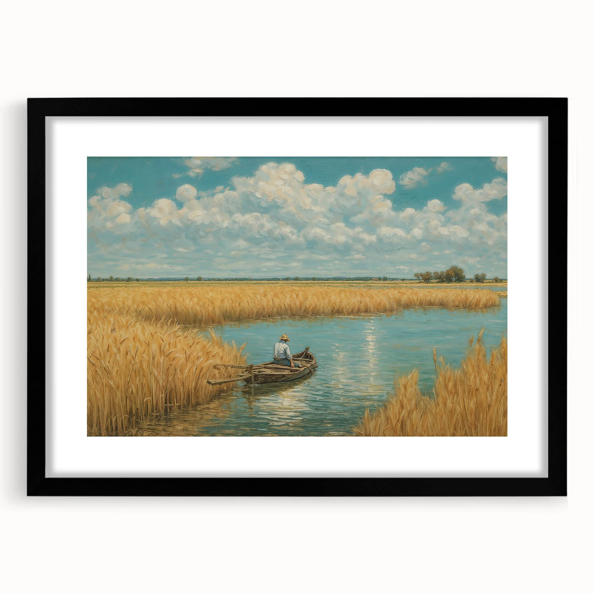 Abstract art print of a colorful rowboat, textured in vibrant hues on a large canvas, ideal for living room decor.
