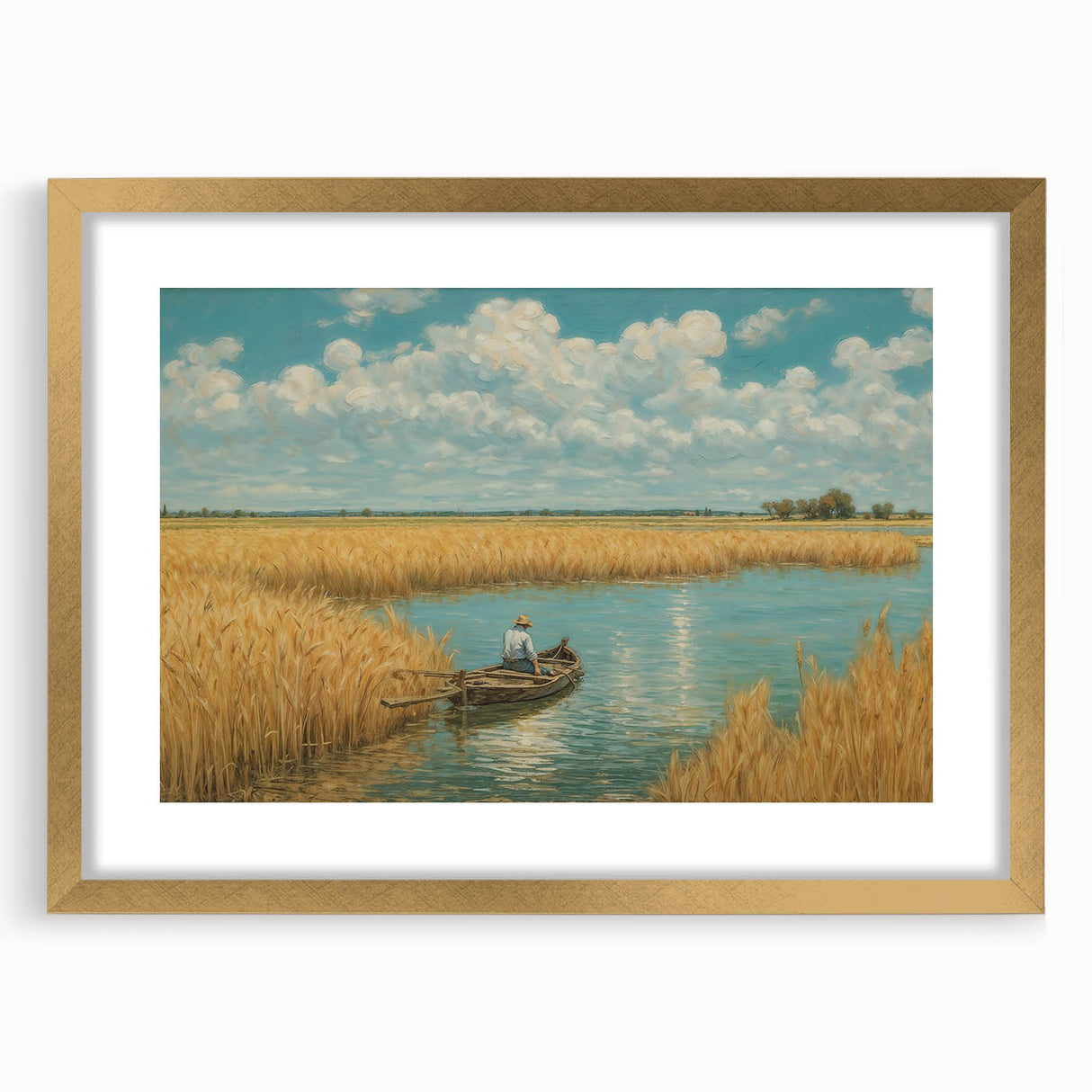 Textured art of an abstract rowboat in muted blue and gray tones on a framed gold mat, ideal for bedroom wall decor.
