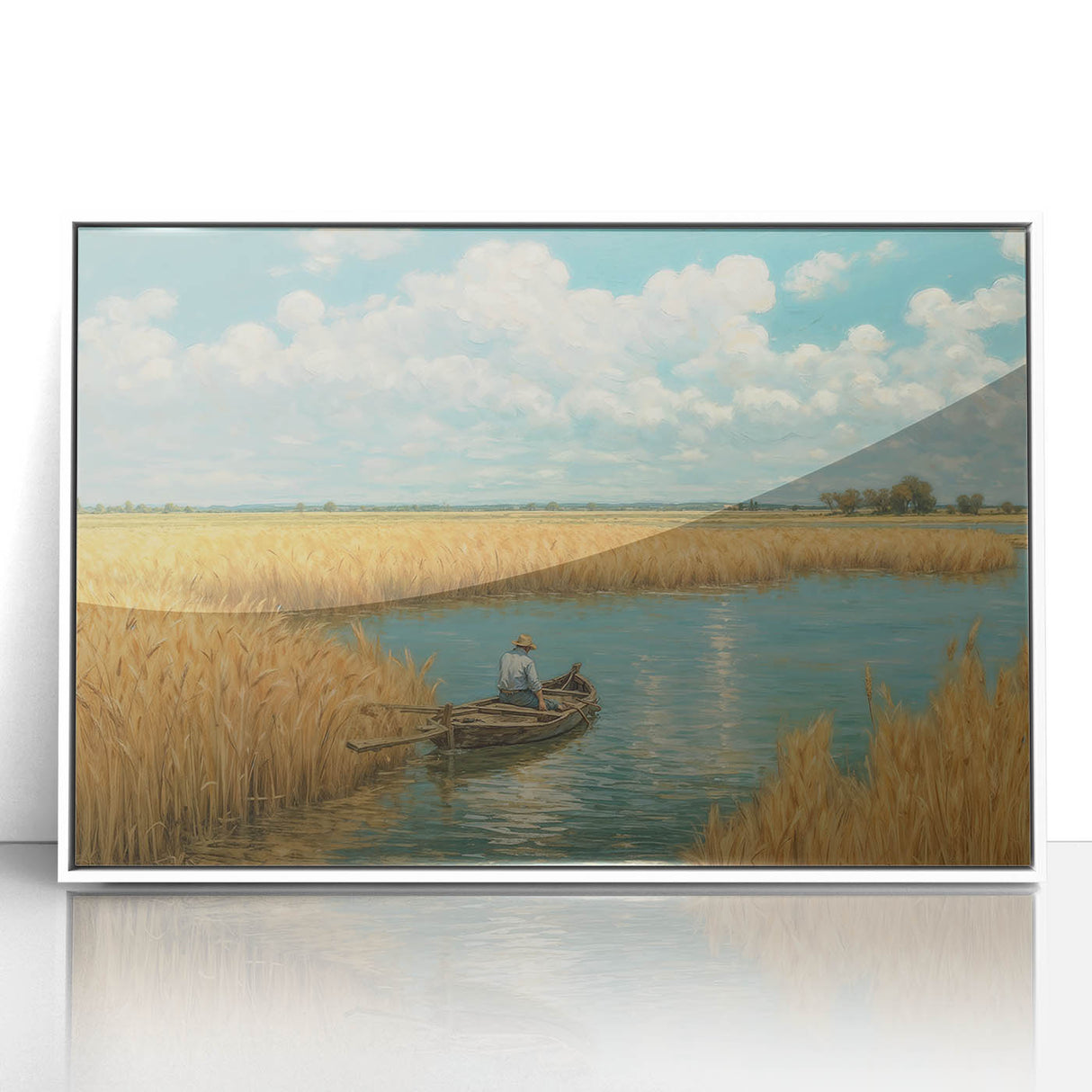 Mid-century modernist style rowboat on tranquil water, in soft blue and gray tones.