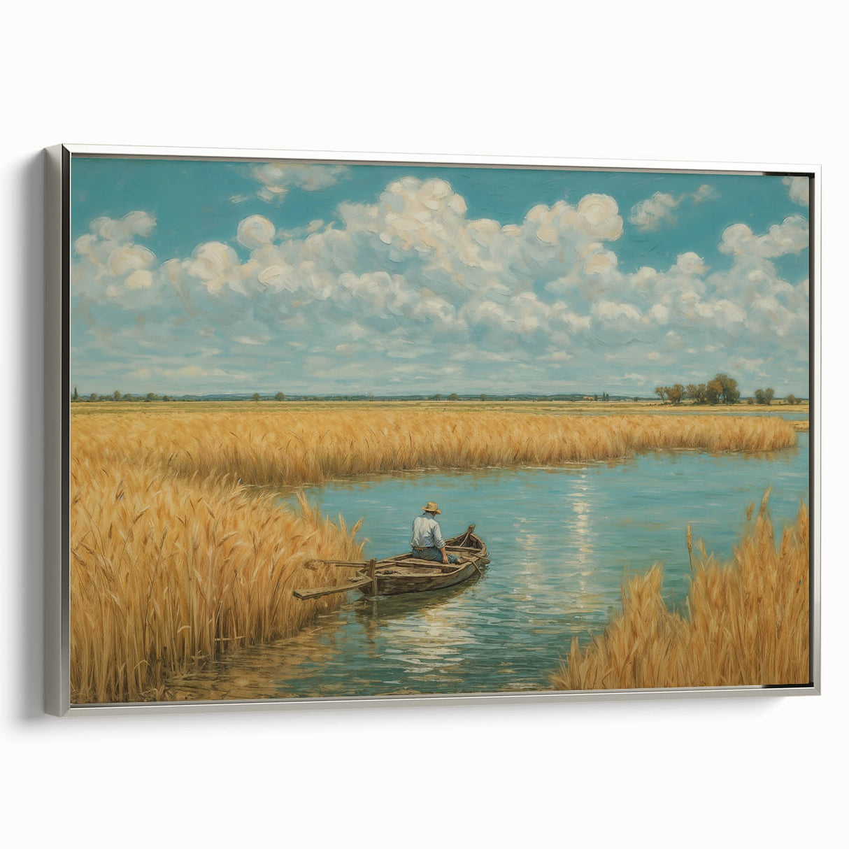Vintage poster art of a rowboat on water, in muted black and colorful strokes, framed canvas, ideal for living room decor.
