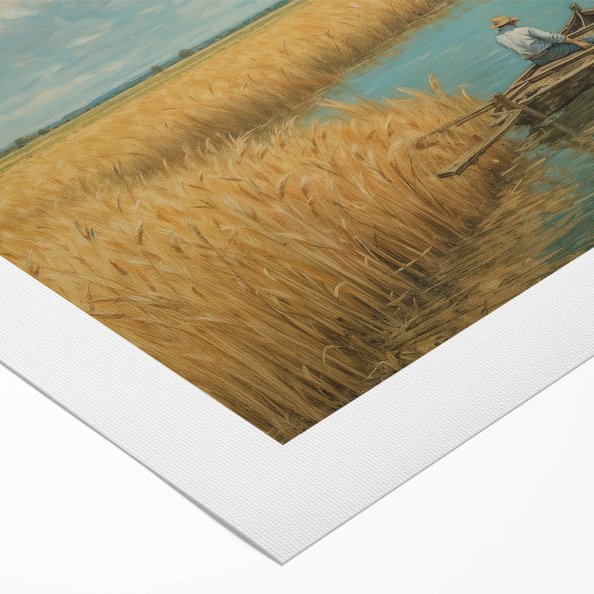 Art deco poster of a rowboat on calm waters, rendered in soft blue and gray tones on rolled canvas.