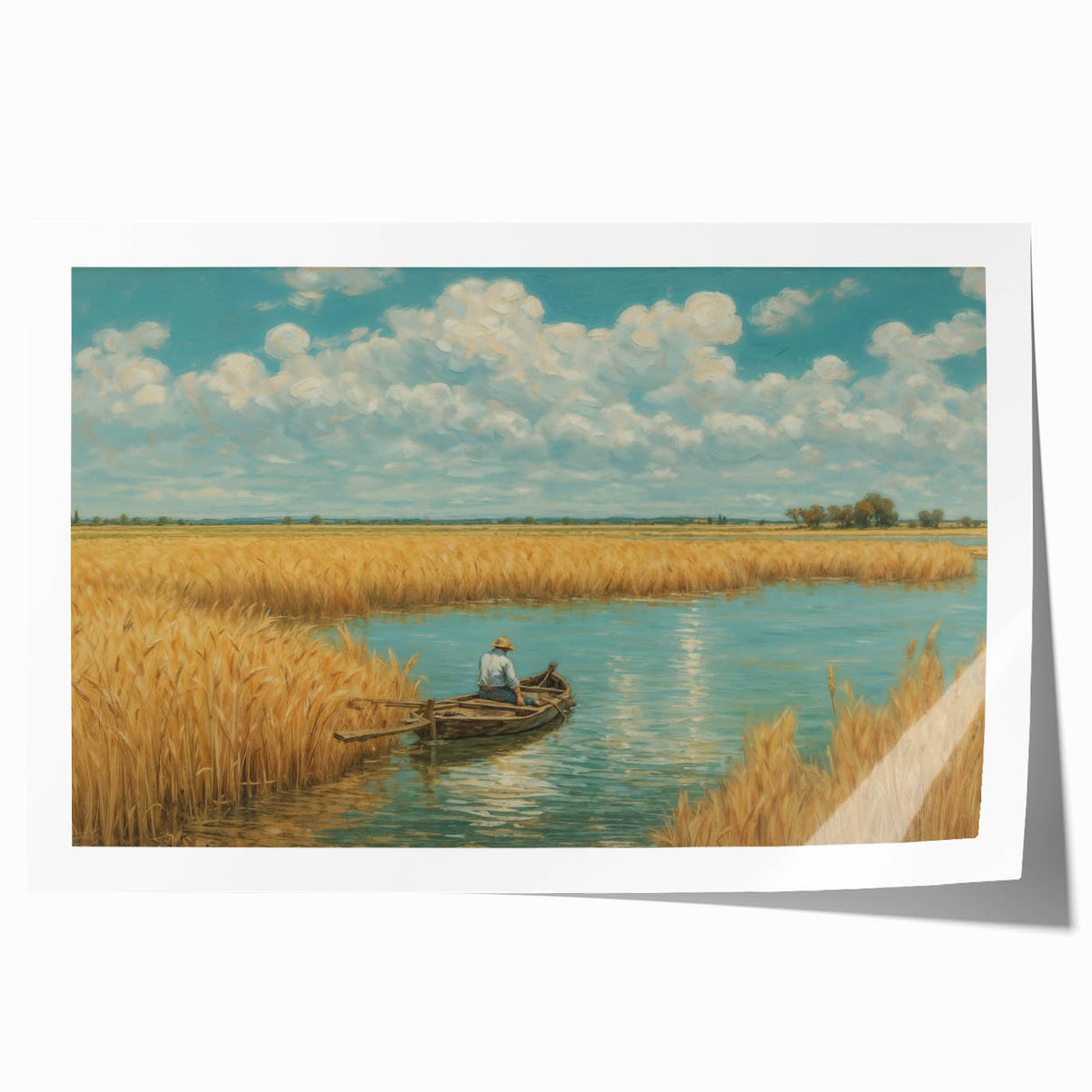 Rolled print of a rowboat on calm waters in muted blue and gray tones, ideal for art wall dining room.