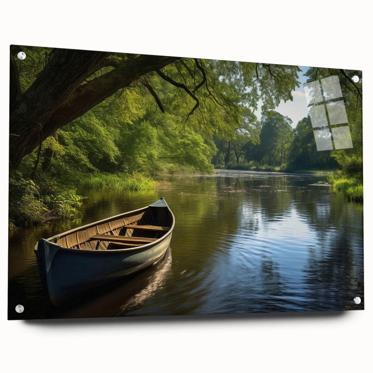 Side view of a rowboat, acrylic print in muted earth tones, suitable for dining room decor.