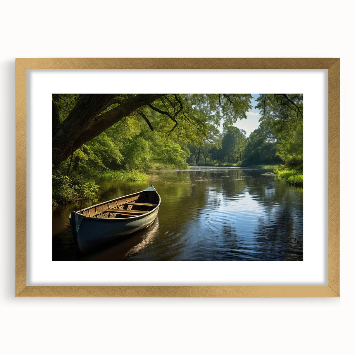 Textured abstract art print of a rowboat in muted earth tones on a gold-framed canvas, ideal for bedroom decor.