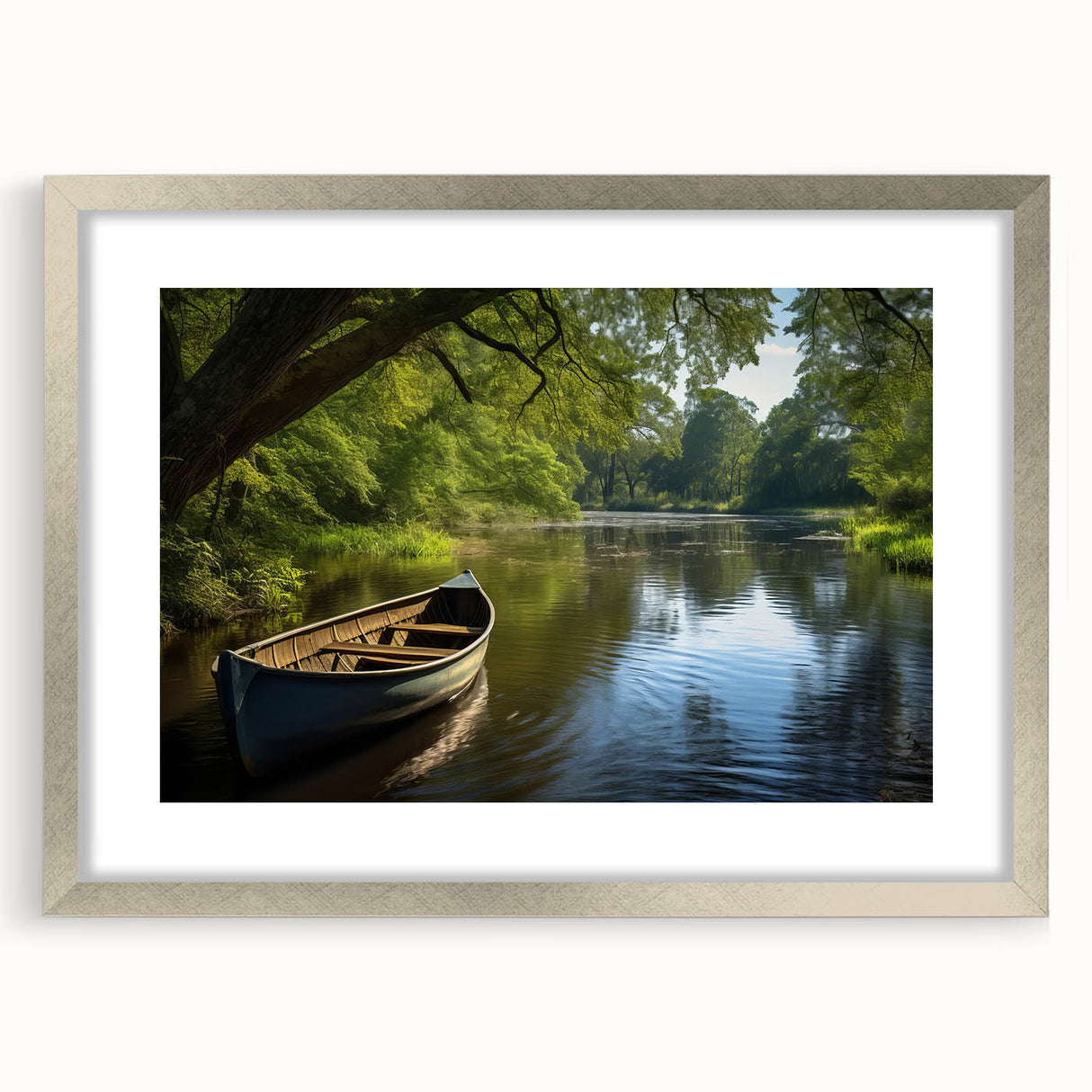 Abstract art print of a rowboat in muted blue and gray tones on a framed canvas, ideal for dining room decor.