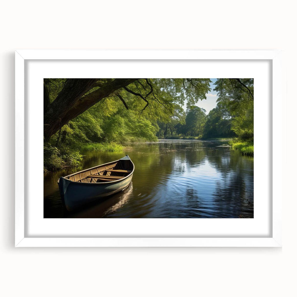 Extra large abstract art print of a rowboat in muted blue and gray tones on a white framed canvas.
