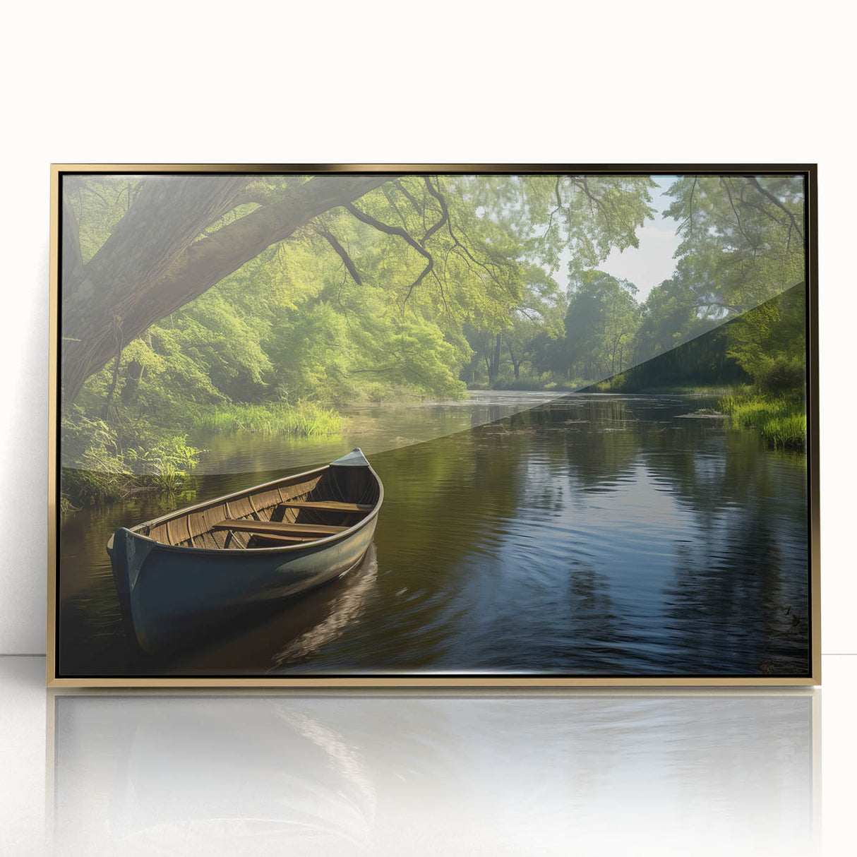Mid-century modernist art featuring a rowboat in muted earth tones on a framed acrylic, ideal for nursery wall art.