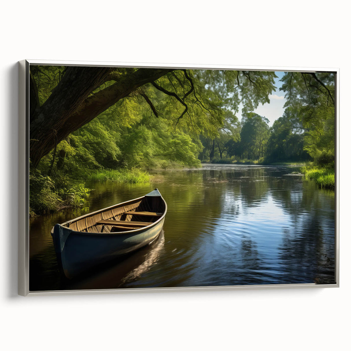 Vintage poster art of a rowboat on water, rendered in black and colorful accents on a large framed canvas.