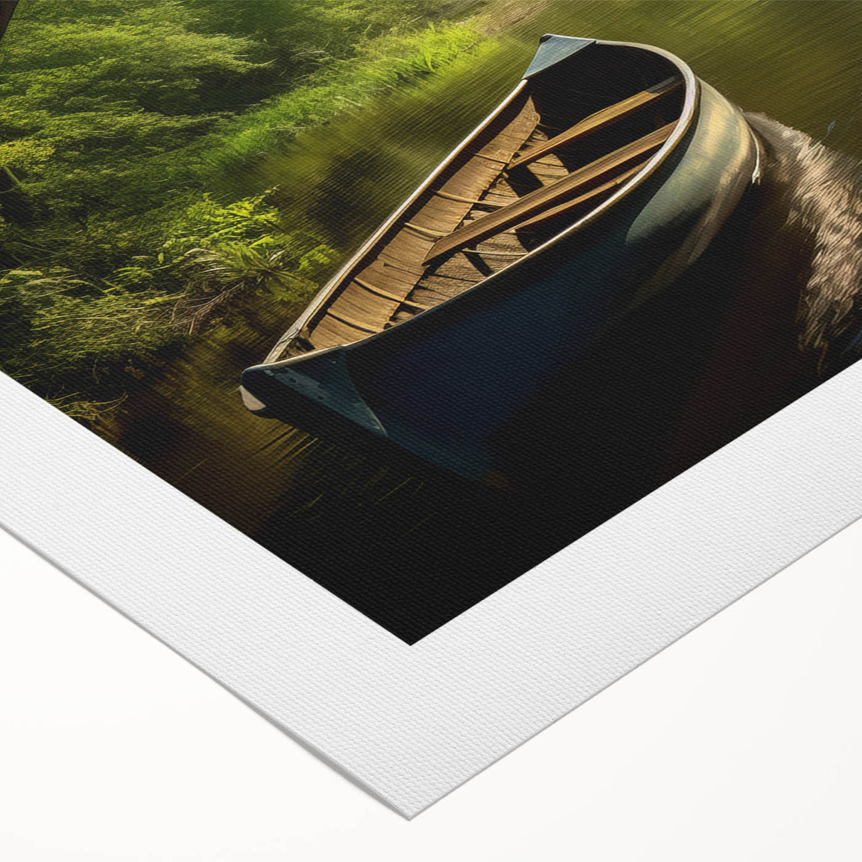 Art deco poster of a rowboat on calm waters, executed in muted blues and grays on rolled canvas.