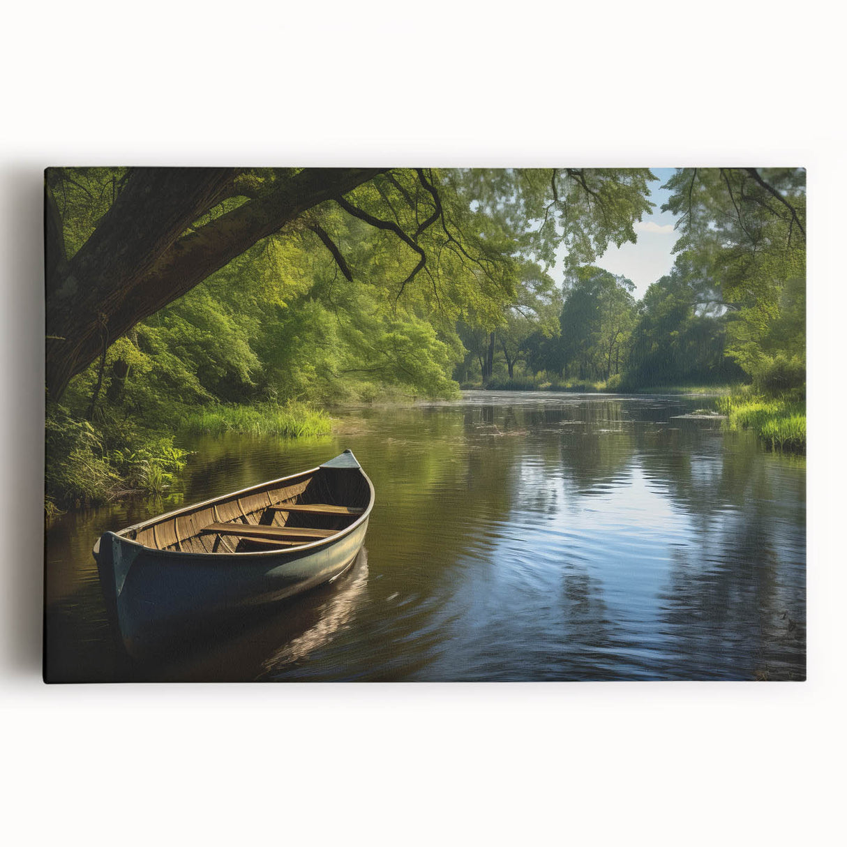 Black and white photo of a rowboat on water, printed on large stretched canvas, suitable for kitchen wall art.