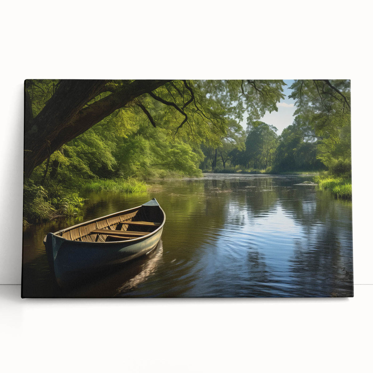 Black and white photo of a rowboat on water, printed on large stretched canvas, ideal for kitchen wall art or bedroom decor.