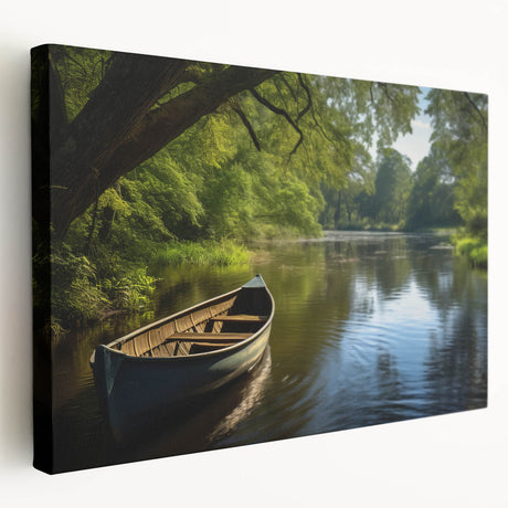 Rowboat on calm water canvas print in serene blue and gray tones, ideal for kitchen wall art.