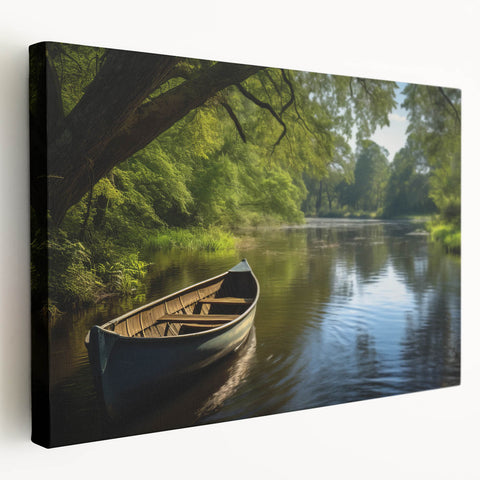 Rowboat on calm water canvas print in serene blue and gray tones, ideal for kitchen wall art.