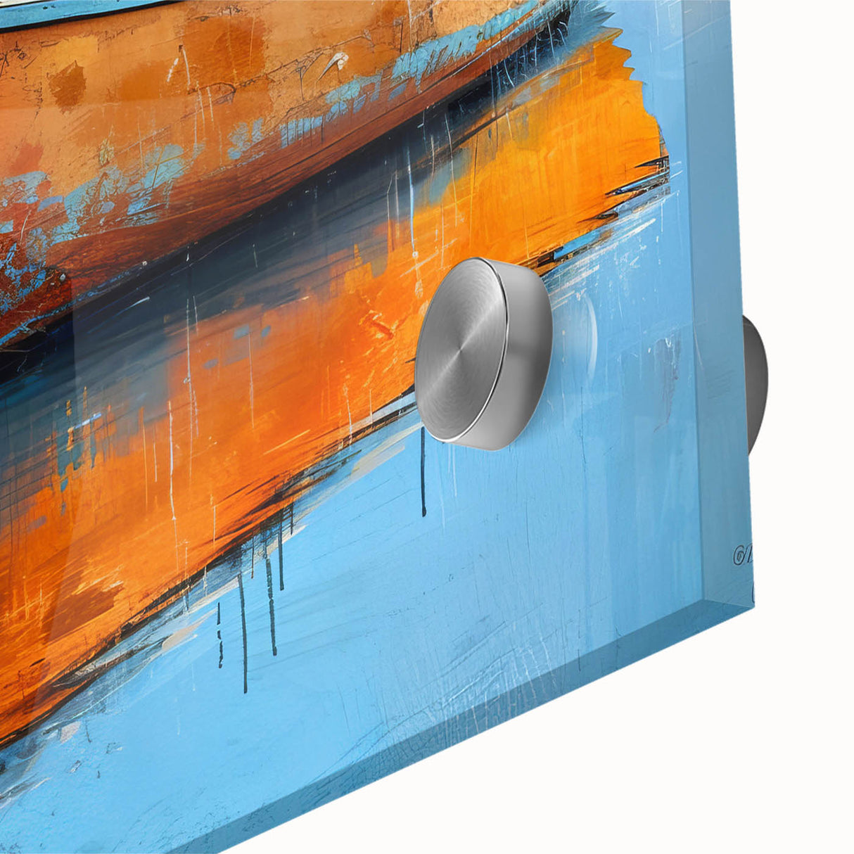 Mid-century modernist style acrylic print of abstract rowboats in cool blue and gray tones, ideal for dining room art.