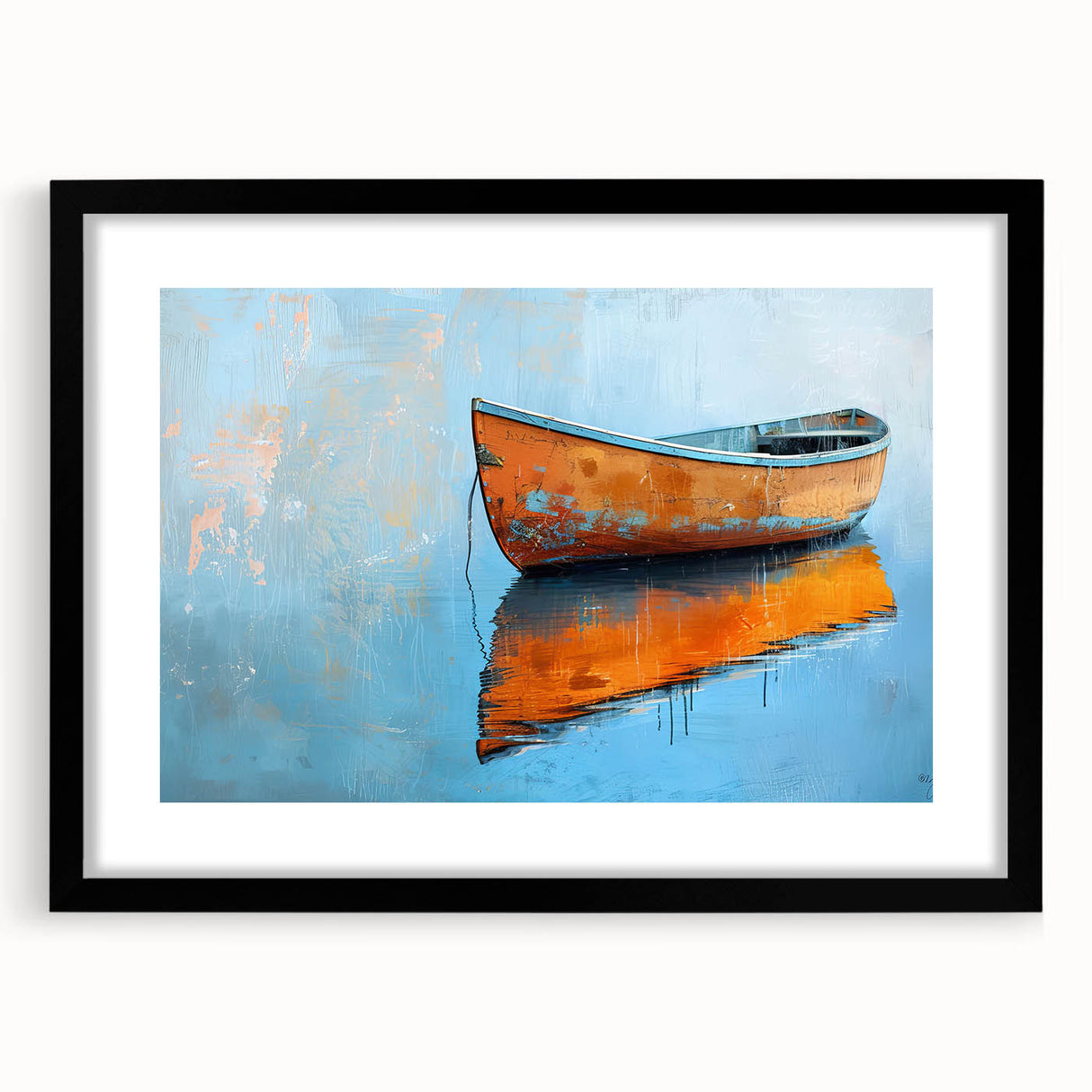 Abstract art print of a rowboat in vibrant colors on a textured, extra large canvas, ideal for living room decor.