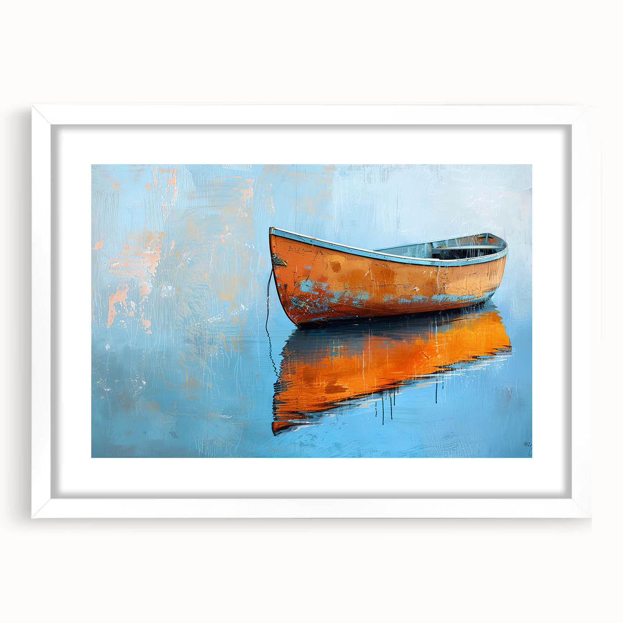 Extra large abstract art print of a rowboat, with textured design in muted blues and grays, framed with a white mat.