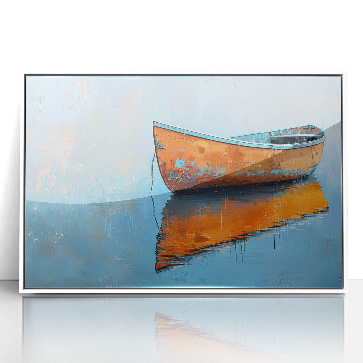 Acrylic print of a mid-century modernist rowboat, using muted blue and white tones, ideal for nursery wall decor.